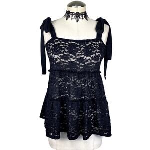 Black Sheer Floral Lace Babydoll Bow Lolita Dark Coquette Gothic Tiered Top Sz S